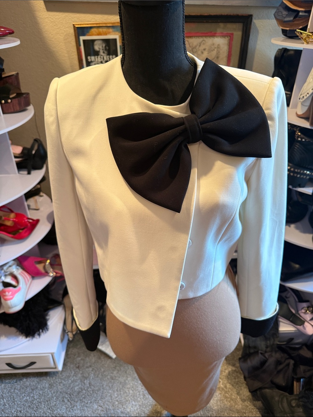 Alice + Olivia Cream Cropped Jacket with Black Bow